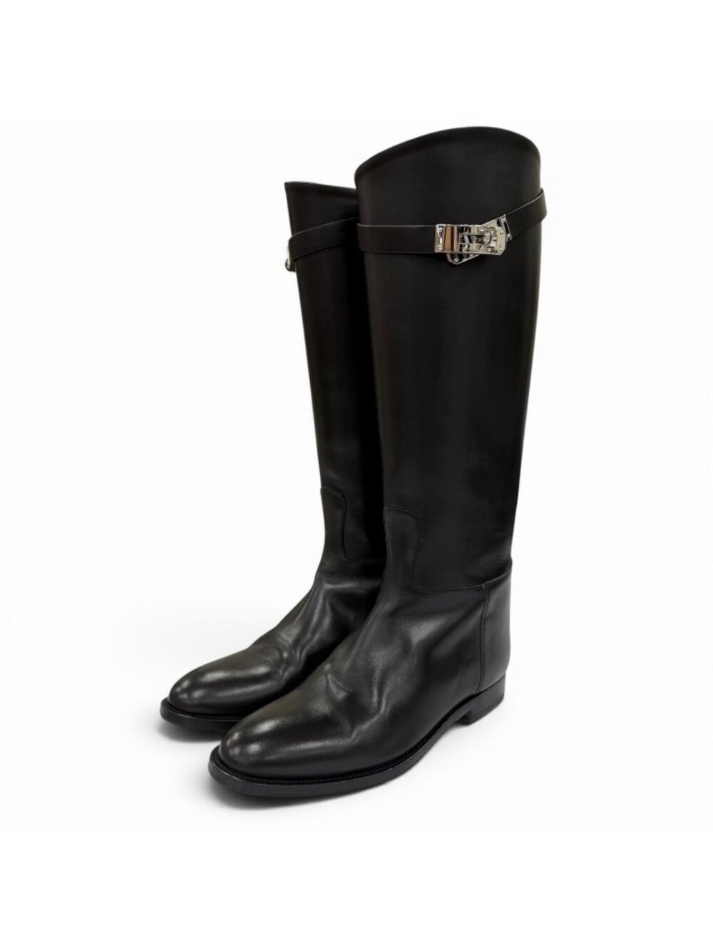 Hermes Silver Kelly Buckle Leather Jumping Boots Long Black